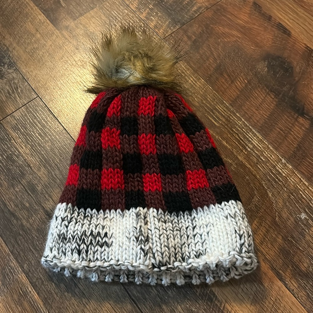 No brand buffalo plaid insulated beanie with puff ball